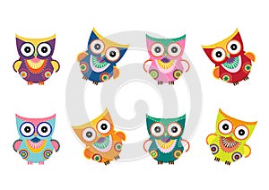 Set of cartoon owls on white background , Vector illustrations