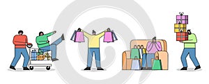 Set of cartoon people on shopping with shopping bags, gift boxes, supermarket cart. Holiday sale