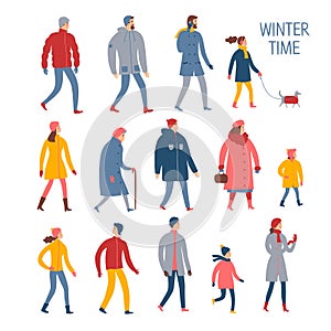 Set of cartoon people in winter clothes.