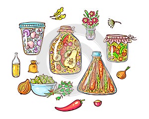 A set of cartoon pickled or marinated vegetables and spices