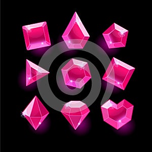 Set of cartoon pink different shapes crystals
