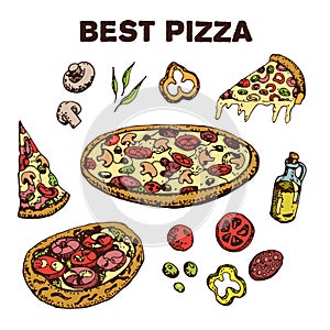 Set of cartoon Pizza.Hand drawn vector illustration.