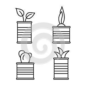 Set of cartoon plants in tin cans. Flower in corrugated metal cylindrical container. Line art growing spring sprouts in jar. Home