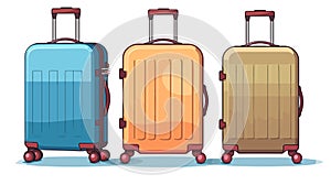 Set of cartoon plastic suitcases on wheels. Travel bag isolated on background. Vector Illustration