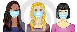 Set of cartoon portraits women of different appearance and nationality in medical masks.