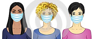 Set of cartoon portraits women of different appearance and nationality in medical masks.