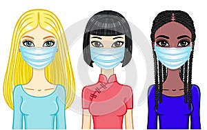 Set of cartoon portraits women of different appearance and nationality in medical masks. P
