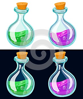 Set of Cartoon Potion Bottle. Glass flasks with colorful liquids isolated on background.