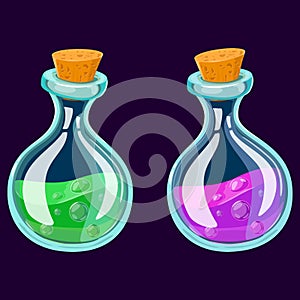 Set of Cartoon Potion Bottle. Glass flasks with colorful liquids isolated on a dark background.