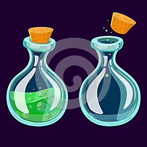 Set of Cartoon Potion Bottle. Glass flasks with colorful liquids isolated on a dark background. Game icon of magic elixir.