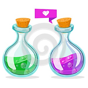 Set of Cartoon Potion Bottle. Glass flasks with colorful liquids isolated on a white background.