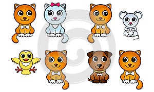 Set of cartoon red cat and other animals pairs