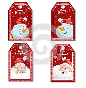 Set of cartoon red Christmas tag or label with laughing and smiling Santa Claus and snowmen. Xmas gift tag, invitation banner