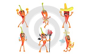 Set of cartoon red hot chili peppers. Vector illustration. photo