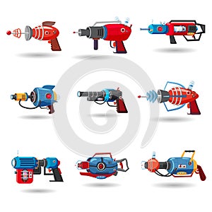 Set cartoon retro space blaster, ray gun, laser weapon. Vector illustration. Cartoon style