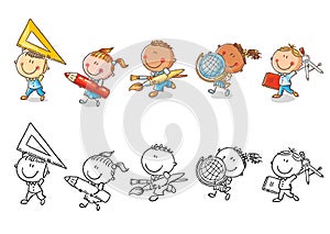 Set of cartoon school kids holding different school objects