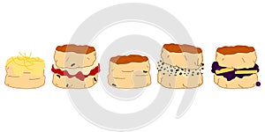 Set of cartoon scones or biscuits in various flavors background and borders with chocolate, cream, jam, blueberry sauce and lemon.