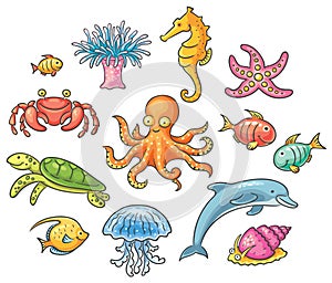 Set of cartoon sea animals