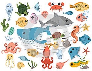 Set of cartoon sea, underwater life, sea animals, turtles.