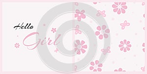 Set of cartoon seamless pattern with pink flower