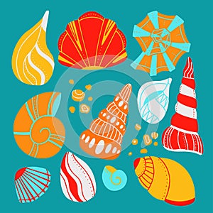 Set of cartoon seashells with sand and doodle ornament on blue background. Flat design element of ocean inhabitants with boho