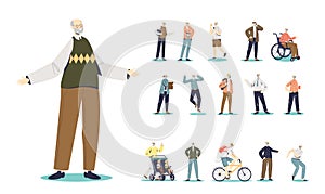 Set of cartoon senior man grandfather happy smiling different lifestyle situations and poses