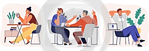 Set of cartoon smiling people listening and recording audio podcast or online show vector flat illustration. Joyful