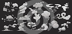 Set Cartoon Smoke, Bomb Explosion, Comic Boom Clouds, White Aroma or Toxic Steaming Vapour, Dust Steam Design Elements