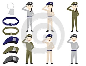 Set of cartoon soldiers, belts, hats and identity tag on White background