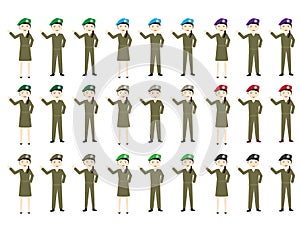 Set Of cartoon soldiers Females and males with hats in different colors
