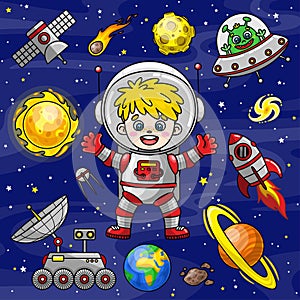 Set cartoon space elements and astronaut boy