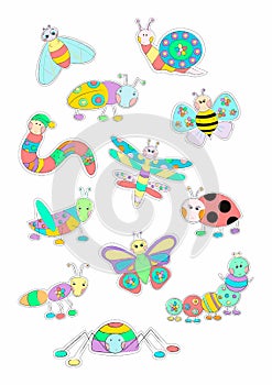 set of cartoon stickers insect world