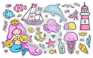 Set of cartoon stickers, patches, badges, pins, prints for kids.