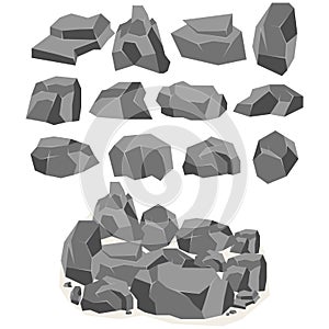 A set of cartoon stones and rocks in an isometric 3d style