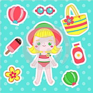 Set of Cartoon summer stickers with girl and beach accessories. Ice cream, tote, shell and other summertime break objects. Paper