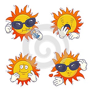 Set of cartoon sun characters.