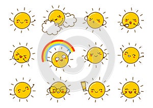 Set of cartoon Sun characters isolated on white for funny summer design 2
