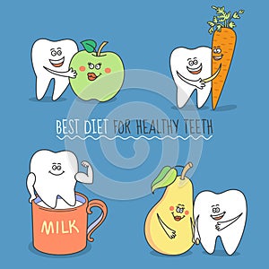 Set of cartoon teeth. Tooth with apple, carrot, milk, pear, fruits, dairy products.