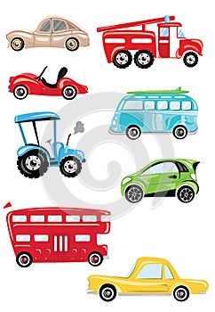 Set of cartoon transport. Collection of cars and buses. Vector illustration for children. Toys.