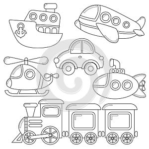 Set of cartoon transport icon. Car, submarine, ship, plane, train, helicopter photo