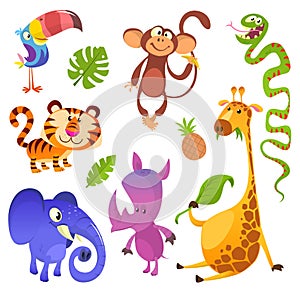 Cartoon tropical animals characters set