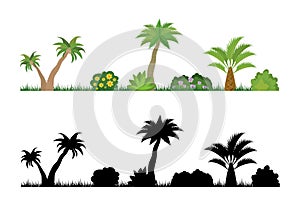 Set of cartoon tropical forest different palms, bushes with flowers and black silhouette. Various elements of summer beach or park