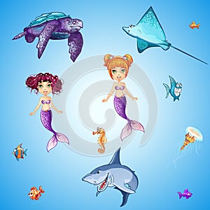 Set of cartoon underwater inhabitants, mermaids, fish, skulls and other photo