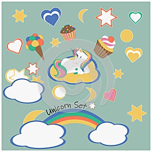 Set of cartoon unicorn with elements of stars, hearts, clouds, rainbow, ice cream, muffin.