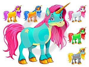 Set of cartoon unicorns