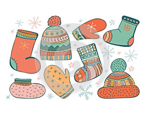 Set of cartoon vector illustration accessories. Icons of winter, warm knitted clothes. Socks, a cap with a pompom, mittens,