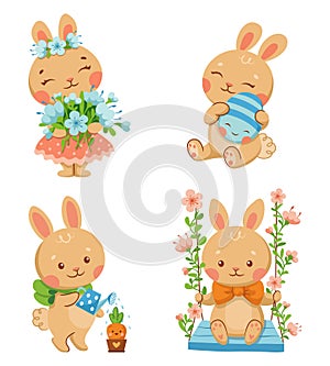 Set of cartoon vector illustrations cute rabbits