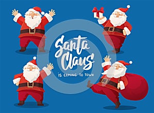 Set of cartoon vector illustrations of Santa Claus. Happy Santa with gift, bag with presents, waving and greeting