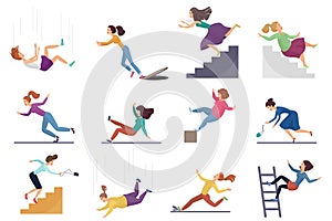 Set of cartoon vector injuring female woman falling down the stairs and over the edge, ladder, drop from the altitude