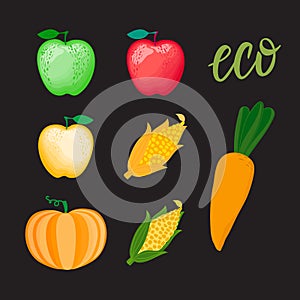 Set cartoon vegetables and different color apple. Corn pumpkin Vector illustration isolated on dark background.